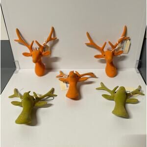 5 Orange and Green Flocked  Deer Head Christmas Ornaments/Decor. KK382 NWT